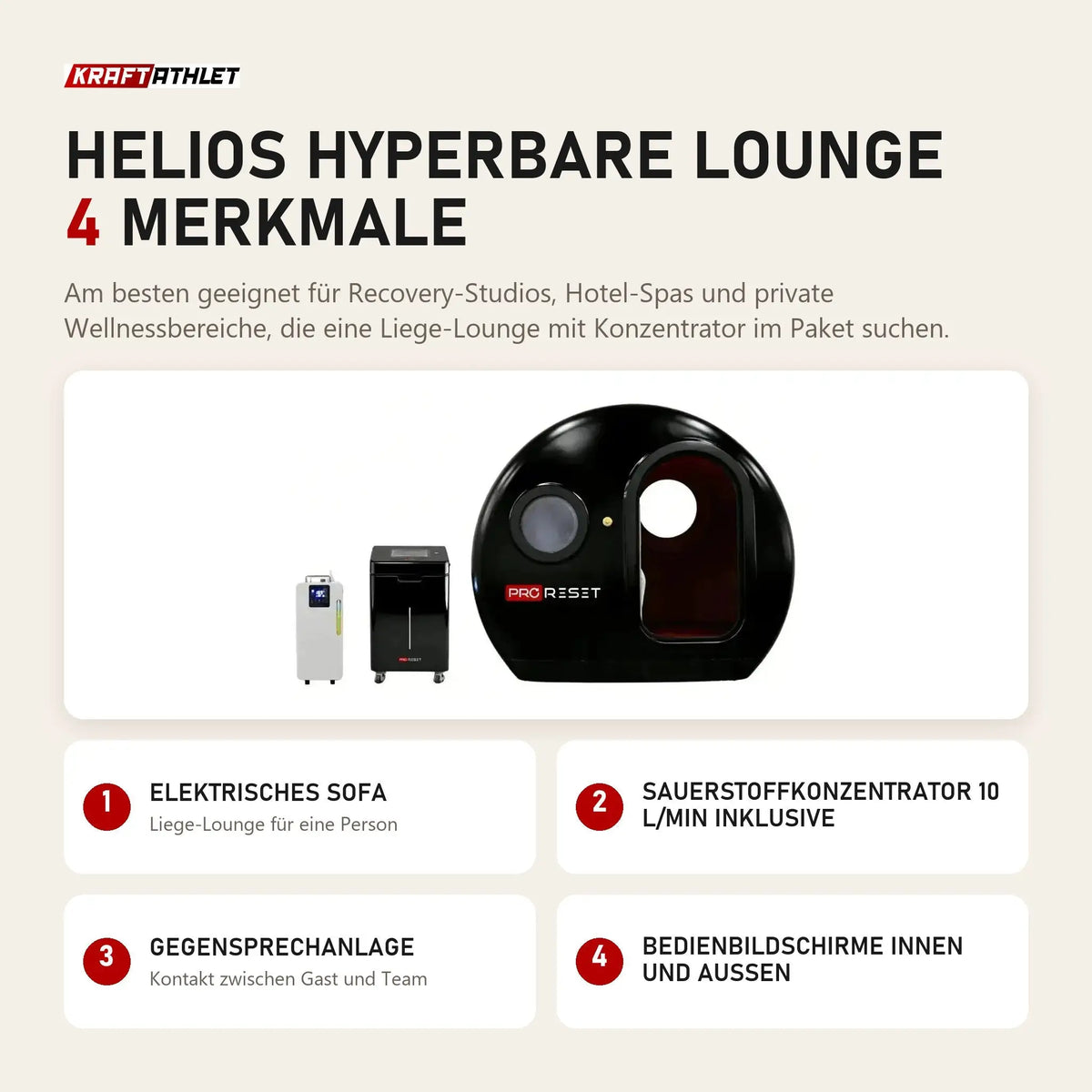 ProReset Helios Hyperbare Lounge mit 4 Merkmalen: Elektrisches Sofa, Sauerstoffkonzentrator 10 l/min inklusive, Gegensprechanlage, Bedienbildschirme innen und außen