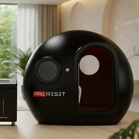 ProReset Helios Hyperbare Lounge – Schrägansicht in Schwarz mit rotem Eingang in einem Wohnraum