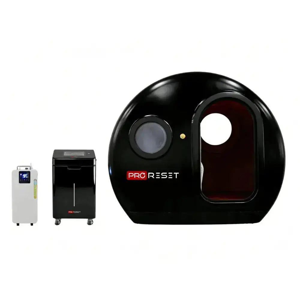 ProReset Helios Hyperbare Lounge – Seitenansicht in Schwarz mit zwei externen Modulen