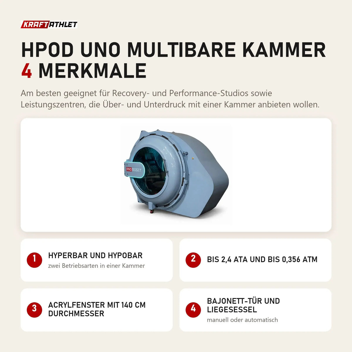 ProReset HPOD UNO Multibare Kammer mit 4 Merkmalen: Hyperbar und hypobar, Bis 2,4 ATA und bis 0,356 ATM, Acrylfenster mit 140 cm Durchmesser, Bajonett-Tür und Liegesessel