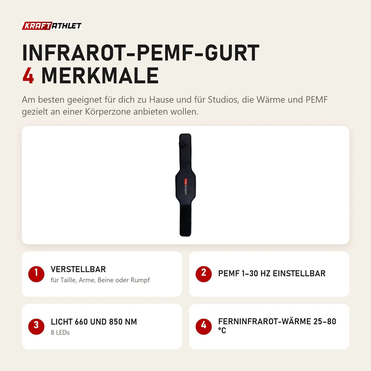 ProReset Infrarot-PEMF-Gurt mit 4 Merkmalen: Verstellbar, PEMF 1–30 Hz einstellbar, Licht 660 und 850 nm, Ferninfrarot-Wärme 25–80 °C
