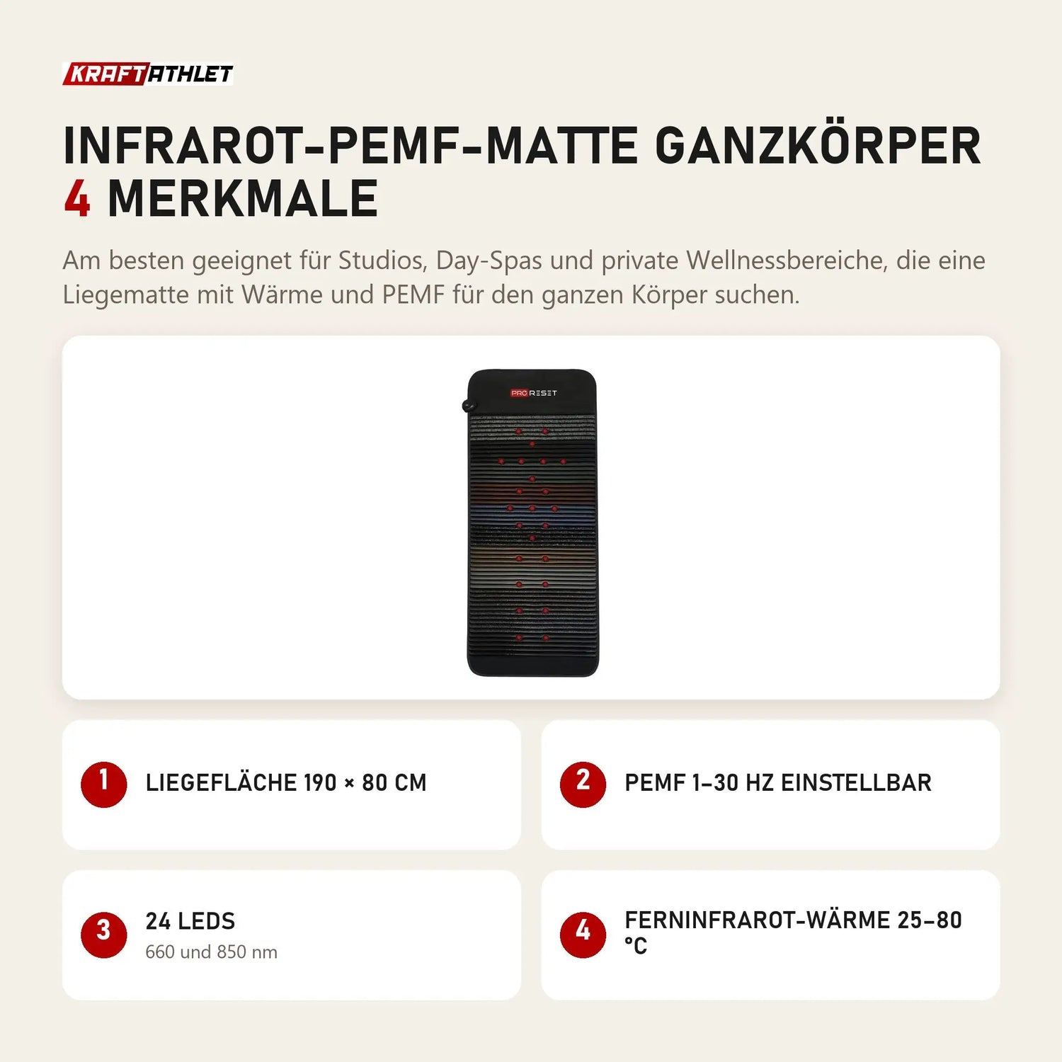 ProReset Infrarot-PEMF-Matte Ganzkörper mit 4 Merkmalen: Liegefläche 190 × 80 cm, PEMF 1–30 Hz einstellbar, 24 LEDs, Ferninfrarot-Wärme 25–80 °C