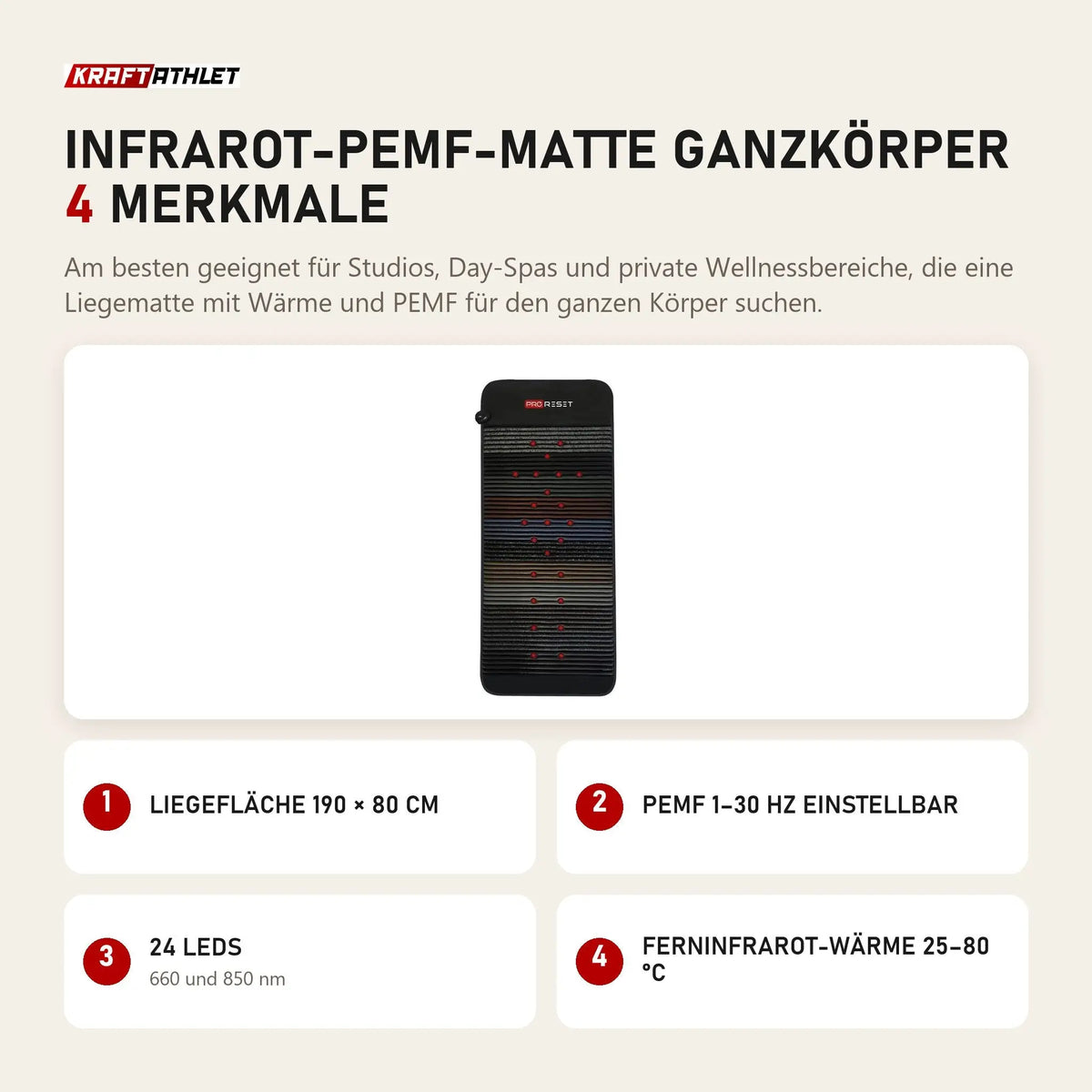 ProReset Infrarot-PEMF-Matte Ganzkörper mit 4 Merkmalen: Liegefläche 190 × 80 cm, PEMF 1–30 Hz einstellbar, 24 LEDs, Ferninfrarot-Wärme 25–80 °C