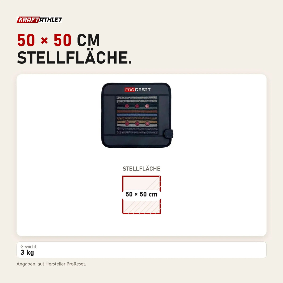 Maßbild ProReset Infrarot-PEMF-Matte quadratisch: Stellfläche 50 × 50 cm