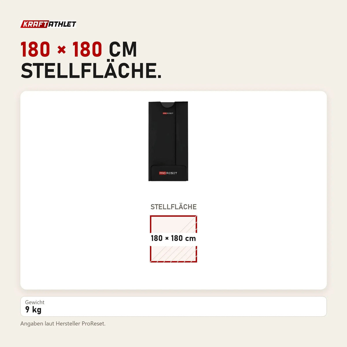 Maßbild ProReset Infrarot-Sauna-Decke: Stellfläche 180 × 180 cm