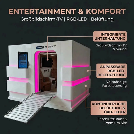 Grafik zu Unterhaltung und Komfort der ProReset Matrix Hyperbarkammer mit TV, RGB-LED und Belüftung