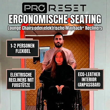 Grafik zu den Sitzen der ProReset Matrix Hyperbarkammer: elektrische Liegesessel und Öko-Leder