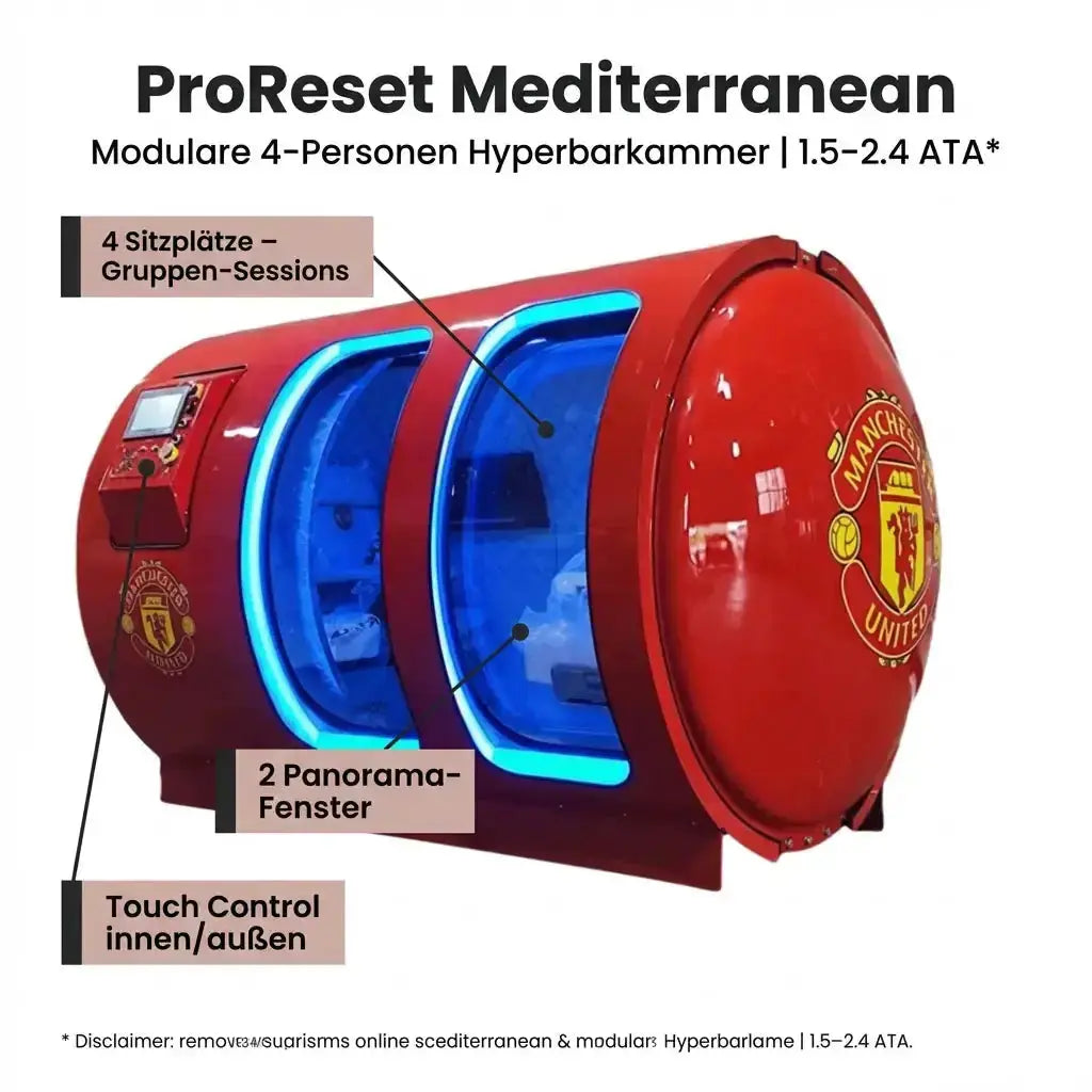 ProReset Mediterranean Hyperbarkammer in Rot mit beschrifteten Merkmalen wie vier Sitzplätzen