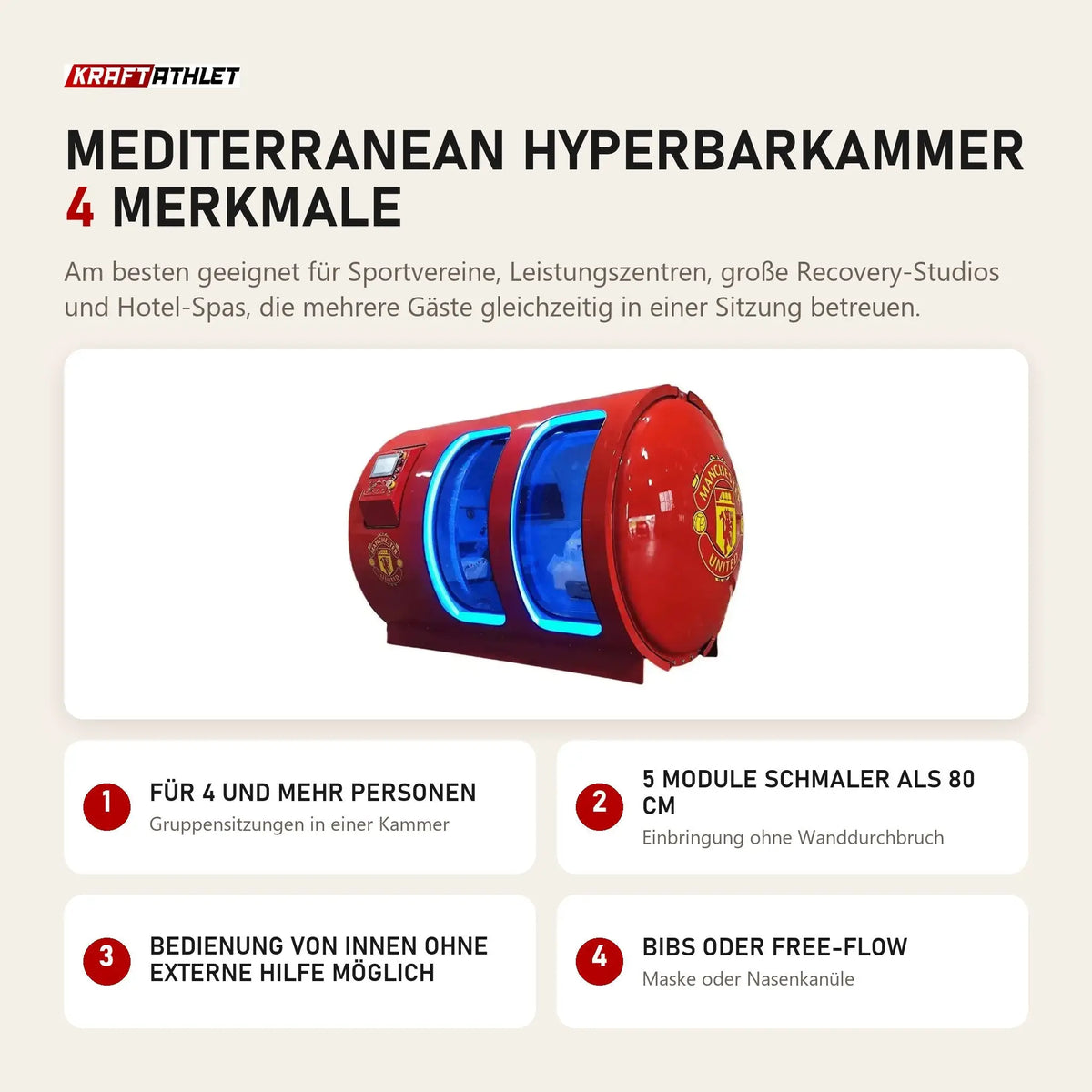 ProReset Mediterranean Hyperbarkammer mit 4 Merkmalen: Für 4 und mehr Personen, 5 Module schmaler als 80 cm, Bedienung von innen ohne externe Hilfe möglich, BIBS oder Free-Flow
