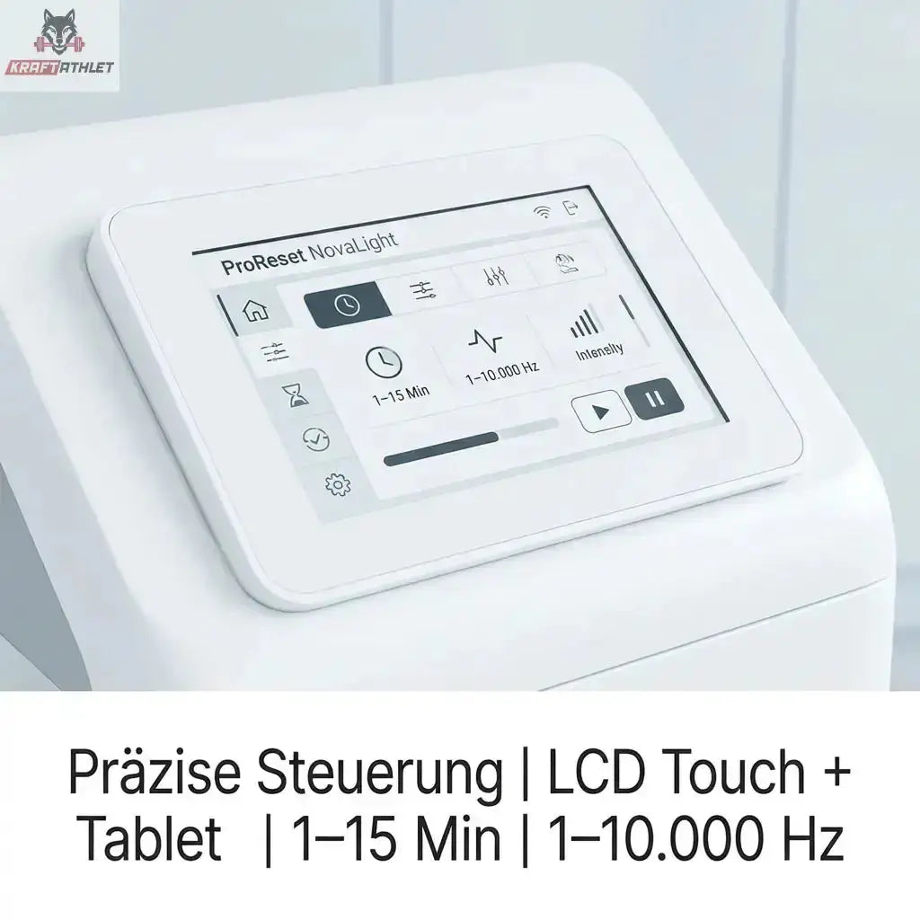 ProReset NovaLight Rotlichtbett – Detail des Touch-Bedienteils mit Einstellungen