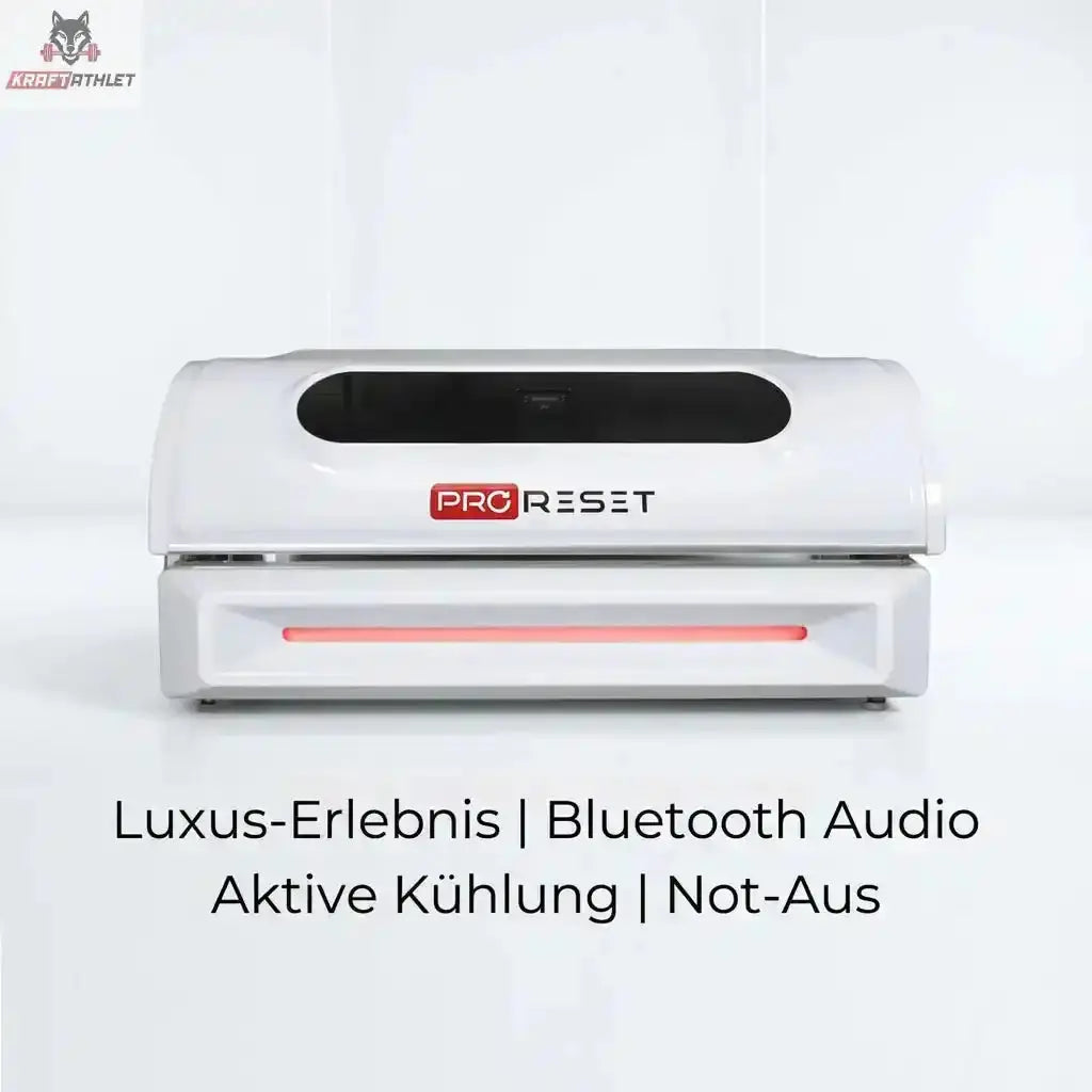 ProReset NovaLight Rotlichtbett – Frontansicht in Weiß mit Hinweisen zu Audio und Kühlung