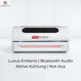 ProReset NovaLight Rotlichtbett – Frontansicht in Weiß mit Hinweisen zu Audio und Kühlung