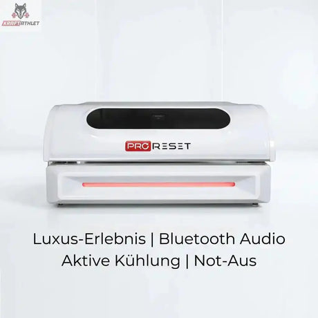 ProReset NovaLight Rotlichtbett – Frontansicht in Weiß mit Hinweisen zu Audio und Kühlung