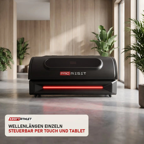 ProReset NovaLight Rotlichtbett in einer hellen Recovery-Lounge