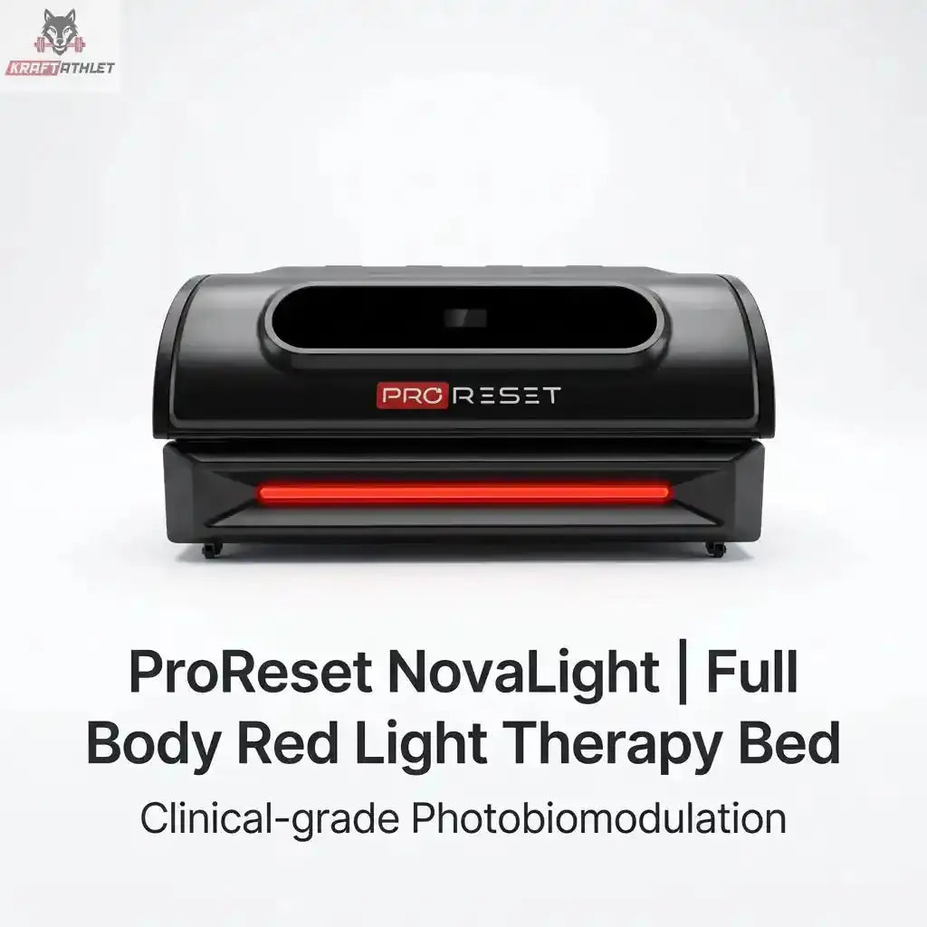 ProReset NovaLight Rotlichtbett – Frontansicht in Schwarz mit Titelzeile auf hellem Grund