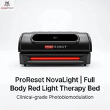 ProReset NovaLight Rotlichtbett – Frontansicht in Schwarz mit Titelzeile auf hellem Grund