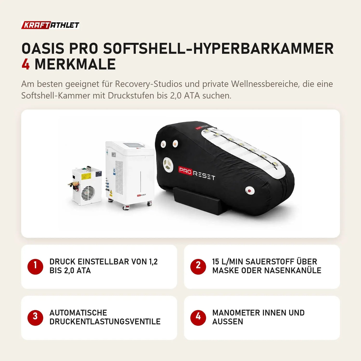 ProReset Oasis Pro Softshell-Hyperbarkammer mit 4 Merkmalen: Druck einstellbar von 1,2 bis 2,0 ATA, 15 l/min Sauerstoff über Maske oder Nasenkanüle, Automatische Druckentlastungsventile, Manometer innen und außen