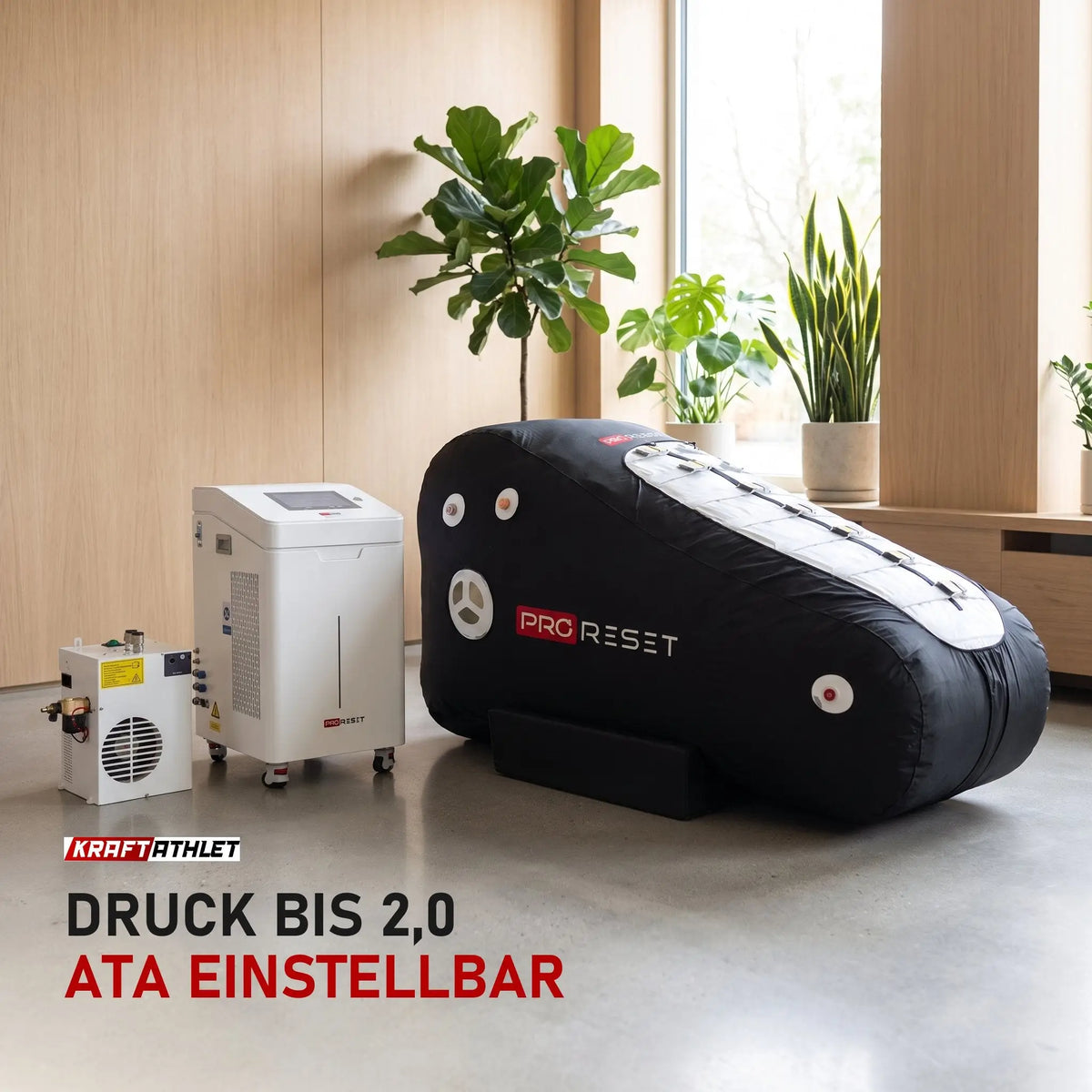 ProReset Oasis Pro Softshell-Hyperbarkammer in einer hellen Recovery-Lounge