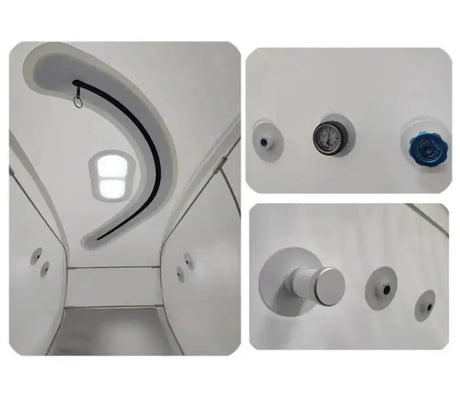 ProReset Oasis Softshell-Hyperbarkammer, Detailaufnahmen des Innenraums mit Fenster und Druckanzeigen