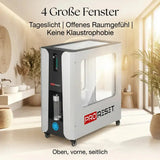 ProReset Oasis Softshell-Hyperbarkammer, Kompressor im hellen Raum, Grafik zu großen Fenstern