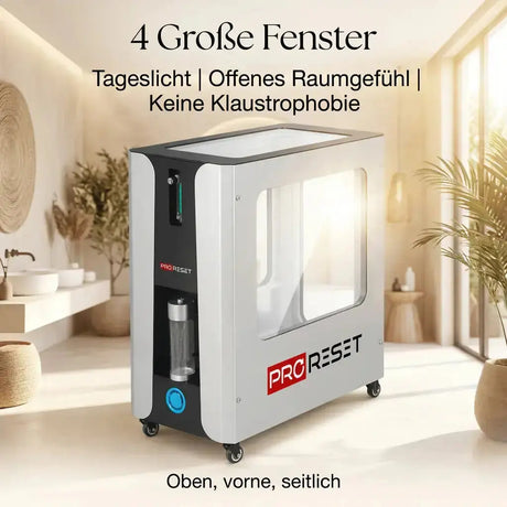 ProReset Oasis Softshell-Hyperbarkammer, Kompressor im hellen Raum, Grafik zu großen Fenstern