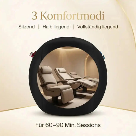 ProReset Oasis Softshell-Hyperbarkammer, Grafik zu den Komfortmodi Sitzen, halb und ganz liegend