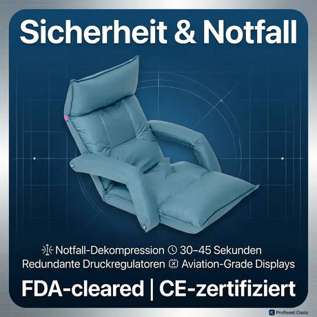 ProReset Oasis Softshell-Hyperbarkammer, Grafik zu Sicherheit und Notfall mit blauem Liegesessel