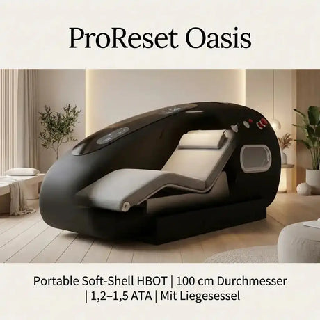ProReset Oasis Softshell-Hyperbarkammer, im Wohnraum mit geöffneter Seite und Liegesessel, Grafik mit Eckdaten