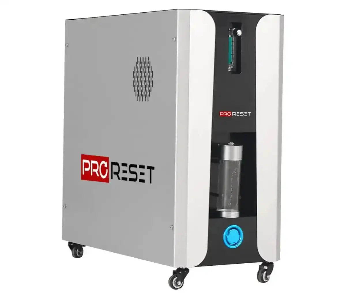 ProReset Oasis Softshell-Hyperbarkammer, zugehöriger Kompressor mit Wasserbehälter und Rollen
