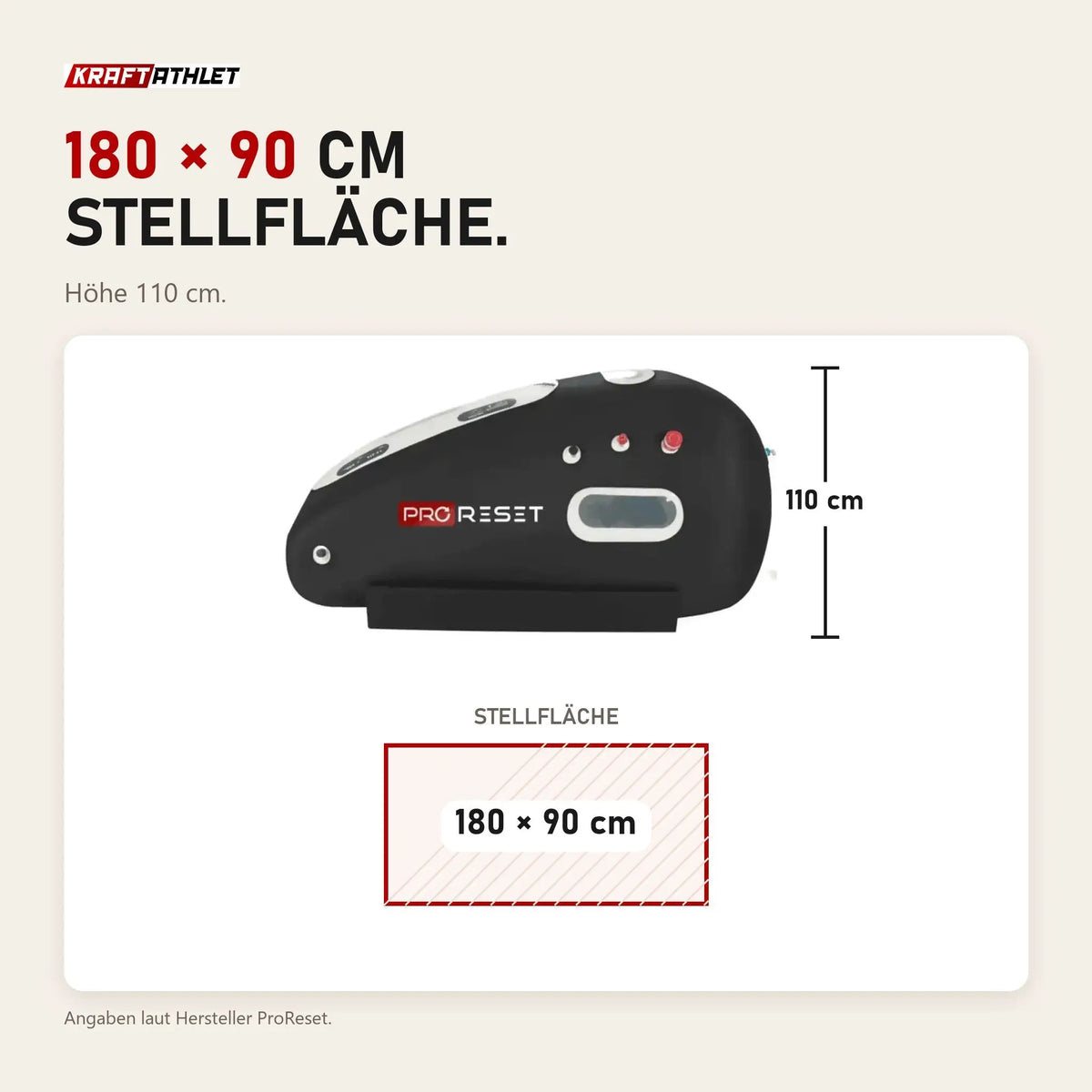 Maßbild ProReset Oasis Softshell-Hyperbarkammer: Stellfläche 180 × 90 cm, Höhe 110 cm