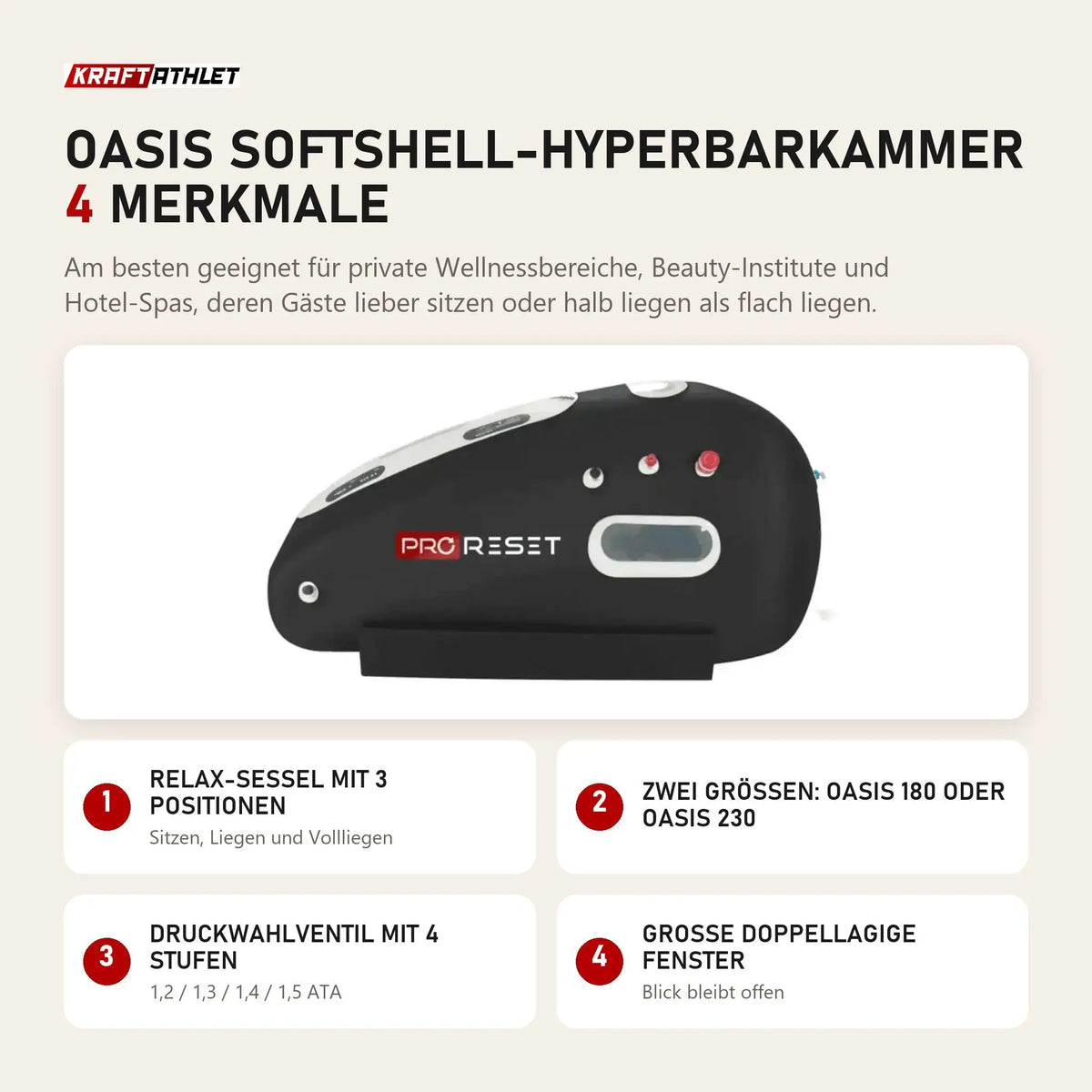 ProReset Oasis Softshell-Hyperbarkammer mit 4 Merkmalen: Relax-Sessel mit 3 Positionen, Zwei Größen: Oasis 180 oder Oasis 230, Druckwahlventil mit 4 Stufen, Große doppellagige Fenster