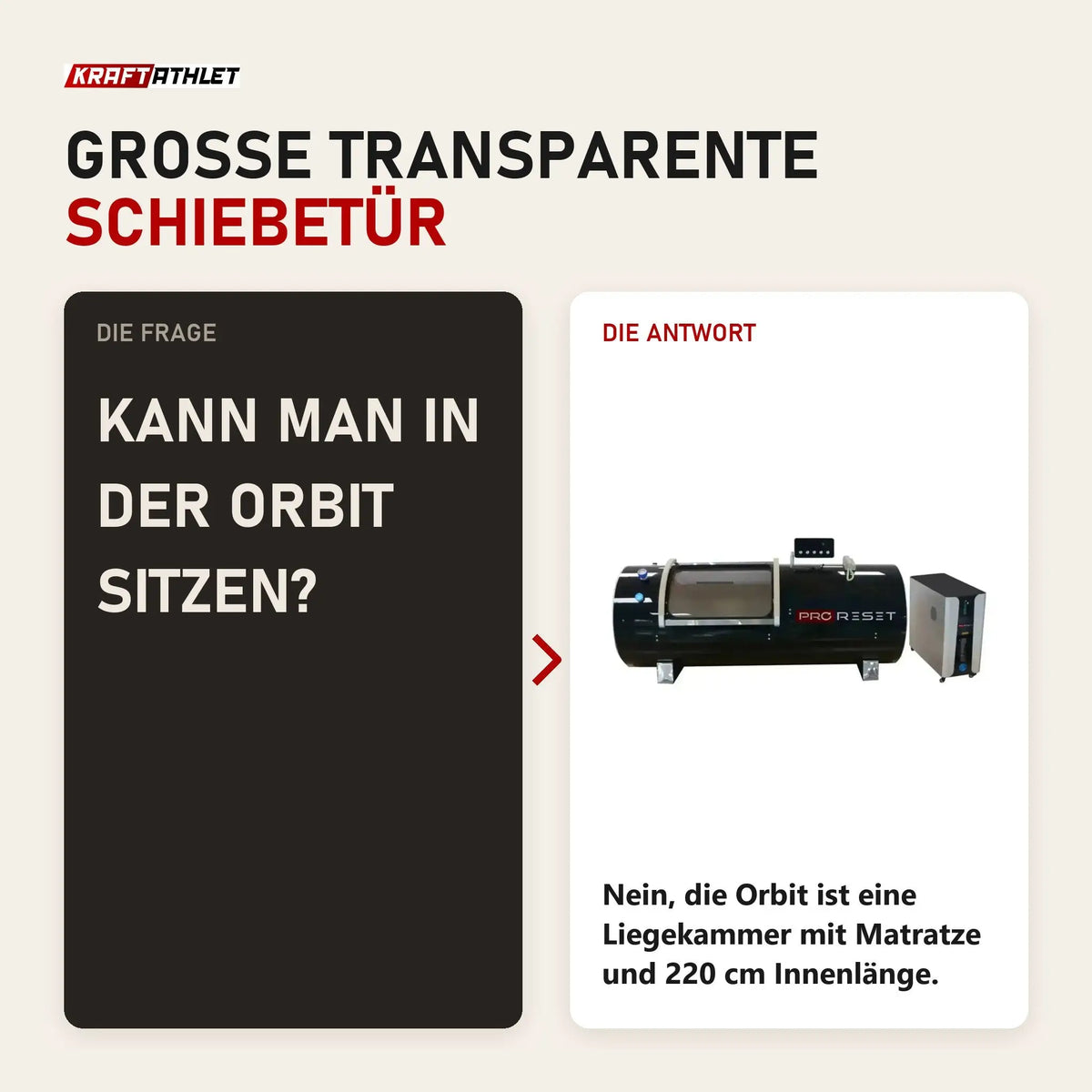 Frage und Antwort zu ProReset Orbit 1.5 ATA Hartschalen-Hyperbarkammer: Kann man in der Orbit sitzen?