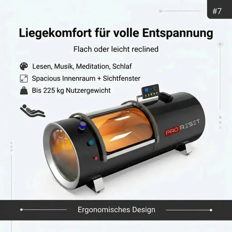 ProReset Orbit 1.5 ATA Hartschalen-Hyperbarkammer – Grafik zum Innenraum mit Liegeposition und Sichtfenster