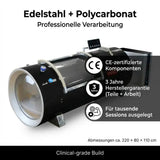 ProReset Orbit 1.5 ATA Hartschalen-Hyperbarkammer – Schrägansicht mit Hinweisen zu Edelstahl und Polycarbonat