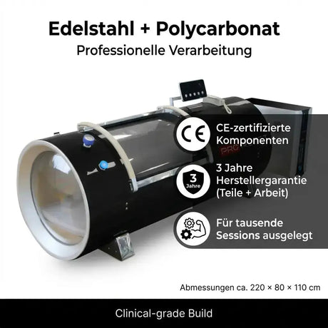 ProReset Orbit 1.5 ATA Hartschalen-Hyperbarkammer – Schrägansicht mit Hinweisen zu Edelstahl und Polycarbonat