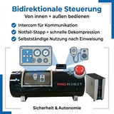 ProReset Orbit 1.5 ATA Hartschalen-Hyperbarkammer – Grafik zu Bedienung, Intercom und Notfall-Stopp