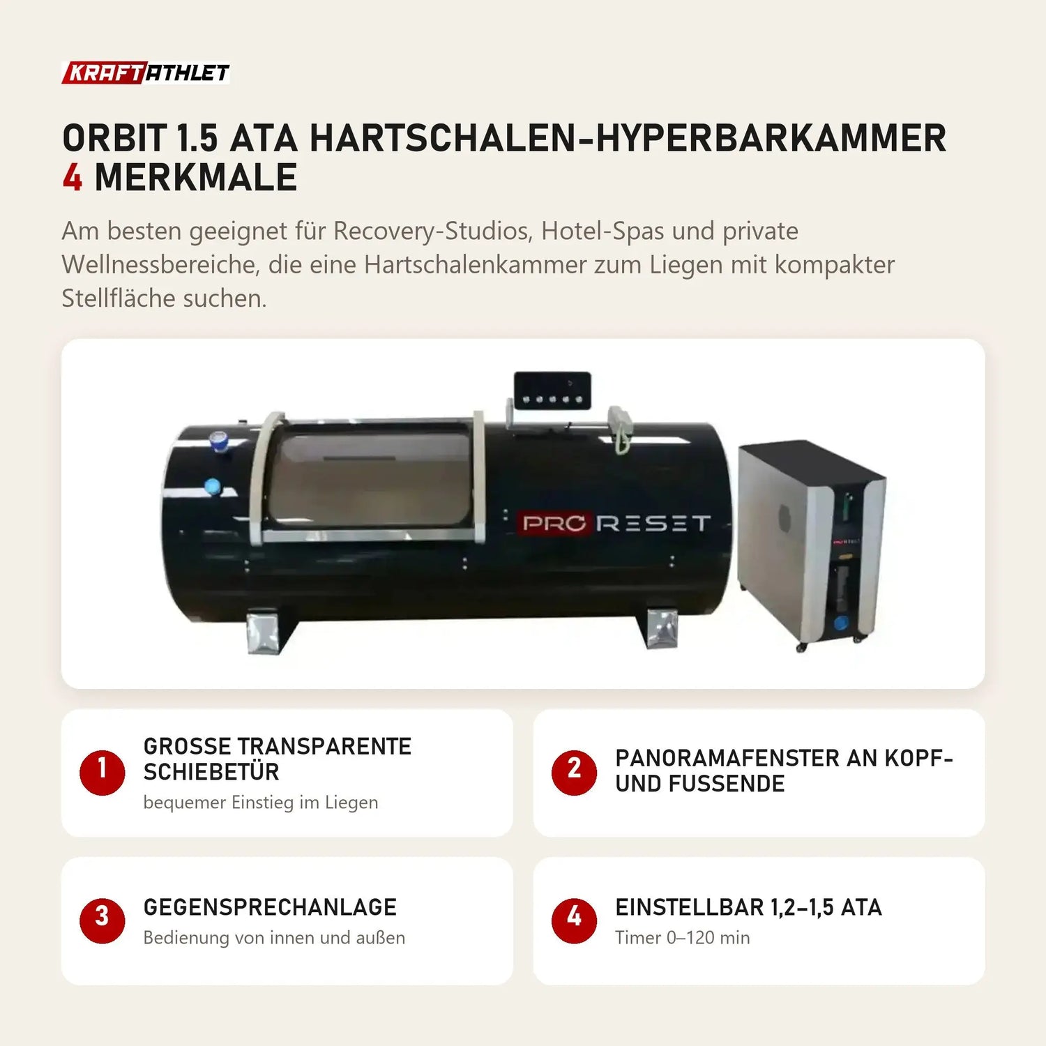 ProReset Orbit 1.5 ATA Hartschalen-Hyperbarkammer mit 4 Merkmalen: Große transparente Schiebetür, Panoramafenster an Kopf- und Fußende, Gegensprechanlage, Einstellbar 1,2–1,5 ATA
