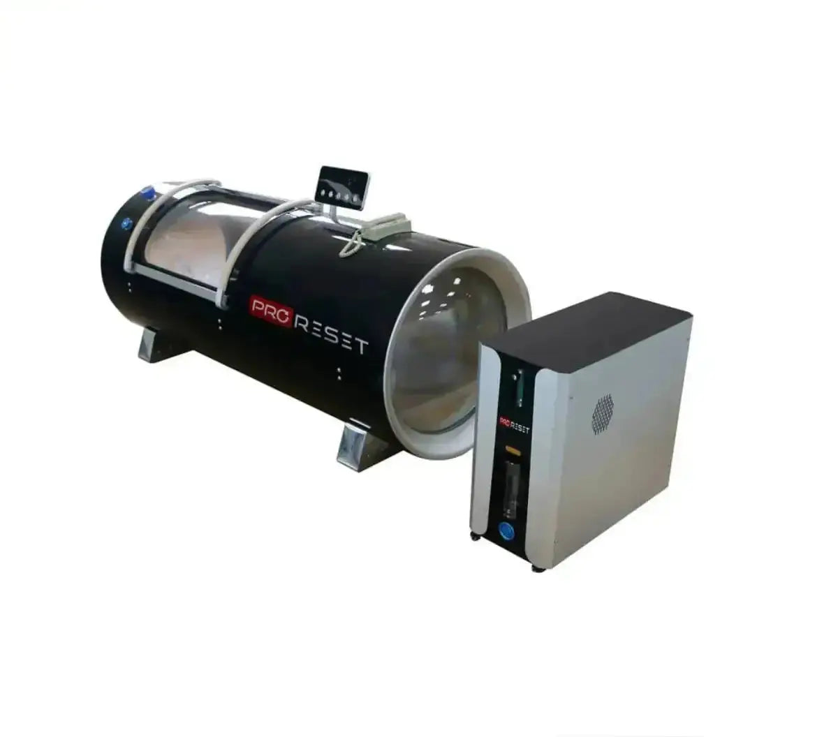 ProReset Orbit 1.5 ATA Hartschalen-Hyperbarkammer – Schrägansicht von oben mit Konzentrator daneben