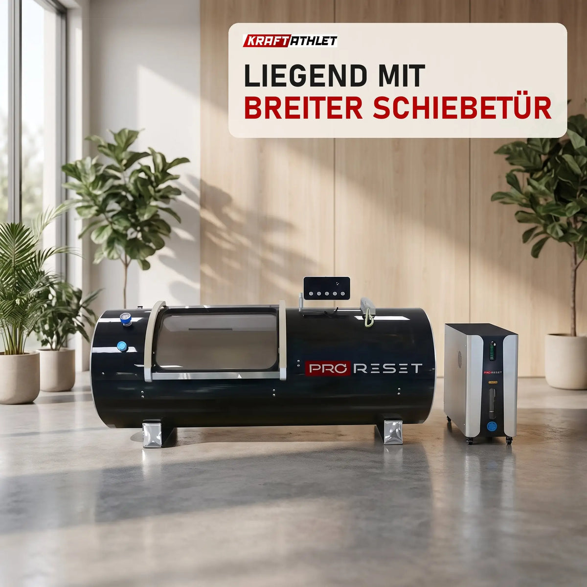 ProReset Orbit 1.5 ATA Hartschalen-Hyperbarkammer in einer hellen Recovery-Lounge