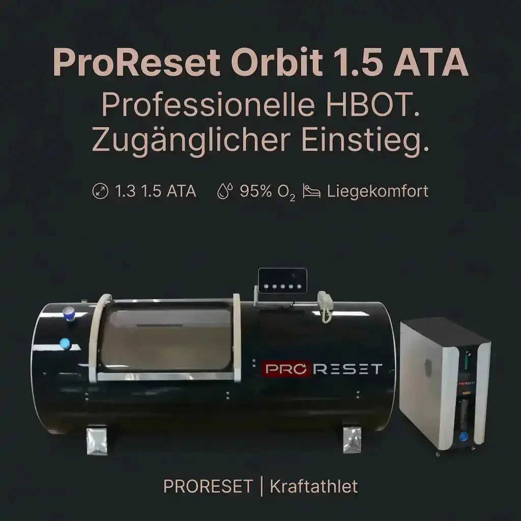 ProReset Orbit 1.5 ATA Hartschalen-Hyperbarkammer – Seitenansicht mit Titelzeile auf dunklem Grund