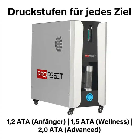ProReset Orbit 2.0 ATA Hartschalen-Hyperbarkammer – Konzentrator in Silber mit Übersicht der Druckstufen