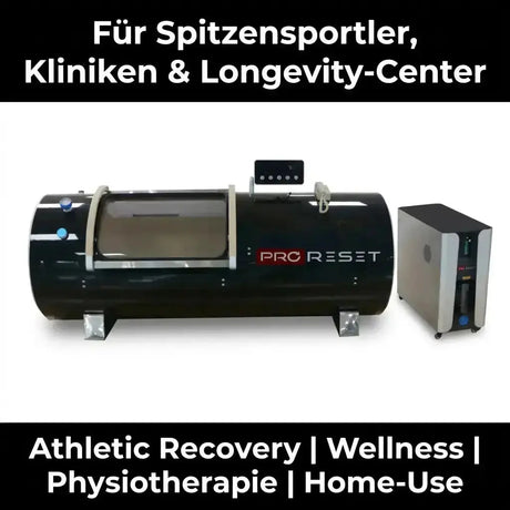 ProReset Orbit 2.0 ATA Hartschalen-Hyperbarkammer – Seitenansicht mit Konzentrator und Einsatzbereichen