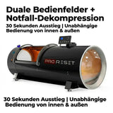 ProReset Orbit 2.0 ATA Hartschalen-Hyperbarkammer – Schrägansicht mit Hinweis auf Bedienfelder innen und außen