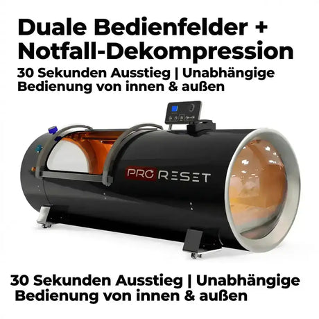 ProReset Orbit 2.0 ATA Hartschalen-Hyperbarkammer – Schrägansicht mit Hinweis auf Bedienfelder innen und außen
