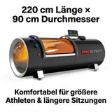 ProReset Orbit 2.0 ATA Hartschalen-Hyperbarkammer – Schrägansicht mit Hinweis auf Länge und Durchmesser