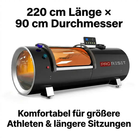 ProReset Orbit 2.0 ATA Hartschalen-Hyperbarkammer – Schrägansicht mit Hinweis auf Länge und Durchmesser