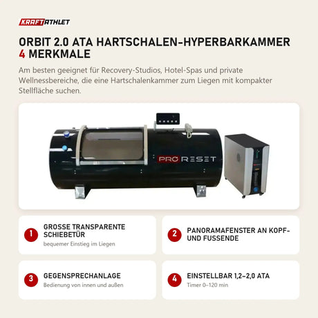 ProReset Orbit 2.0 ATA Hartschalen-Hyperbarkammer mit 4 Merkmalen: Große transparente Schiebetür, Panoramafenster an Kopf- und Fußende, Gegensprechanlage, Einstellbar 1,2–2,0 ATA
