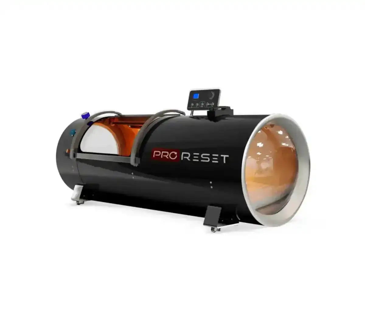 ProReset Orbit 2.0 ATA Hartschalen-Hyperbarkammer – Seitenansicht mit oranger Innenbeleuchtung durch die Fenster
