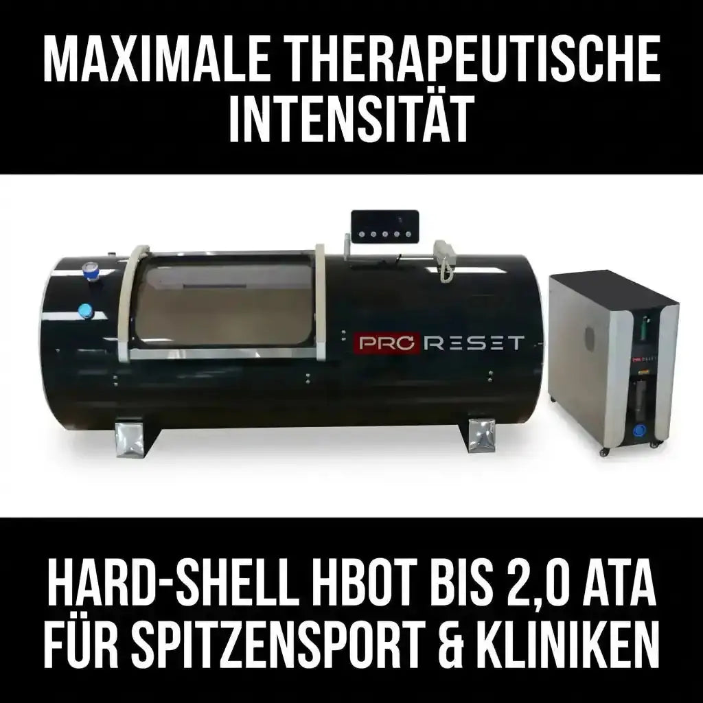 ProReset Orbit 2.0 ATA Hartschalen-Hyperbarkammer – Seitenansicht mit Konzentrator und Titelzeilen