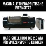 ProReset Orbit 2.0 ATA Hartschalen-Hyperbarkammer – Seitenansicht mit Konzentrator und Titelzeilen